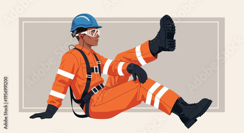 A worker in an orange jumpsuit and blue helmet sits on the ground with legs raised.