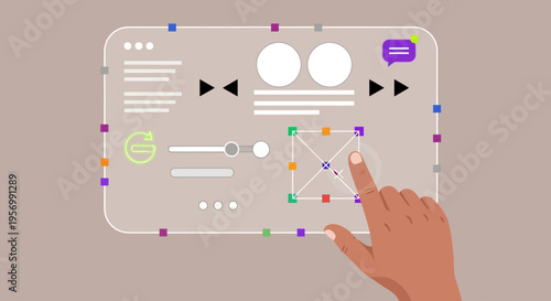 A hand interacts with a digital interface on a screen displaying various design elements and controls.