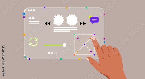 A hand interacts with a futuristic digital interface on a screen displaying various music controls and symbols.