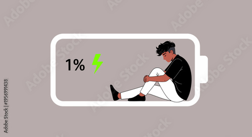 A person sitting dejectedly inside a nearly depleted battery icon.