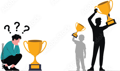 Success mindset concept, confused man and future achievement, goal motivation, winner silhouette with trophy, personal growth, ambition inspiration illustration design