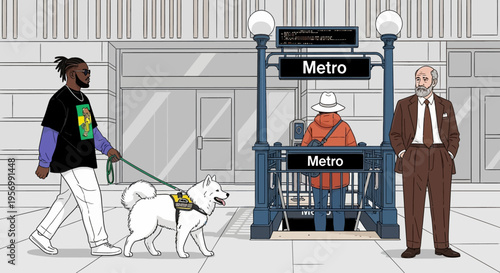 Person walks dog past suited man at metro station entrance