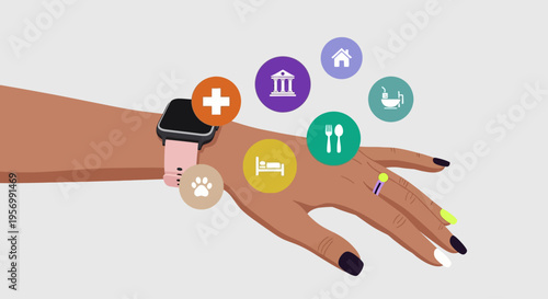 A woman's hand displays various icons on her smartwatch