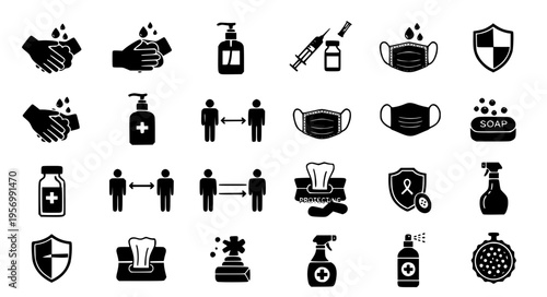 Minimal Disease Prevention and Health Protection Icons Black Silhouette Collection Vector Illustration