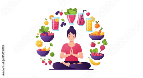 An illustration of a woman practicing yoga surrounded by fruits and vegetables with a healthy lifestyle concept and nutritious food elements in a circular composition.