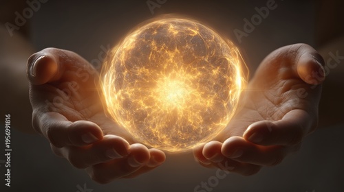 Detailed view of two hands holding a powerful energy sphere.