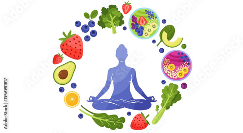 Illustration of a blue yoga character surrounded by colorful fruits and vegetables in a circular pattern, conveying a healthy lifestyle concept with nutritious food elements.