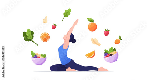 Illustration of a woman in a yoga pose surrounded by fruits and vegetables on a white background, embodying a healthy lifestyle concept with nutritious food elements.