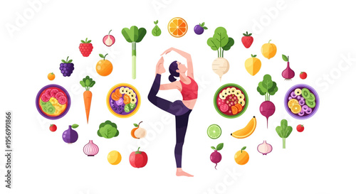 Illustration of a woman in a yoga pose surrounded by various fruits, vegetables, and healthy food plates, promoting a healthy lifestyle concept with a colorful and vibrant design.