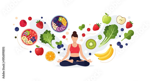 Illustration of a serene woman in a yoga pose surrounded by vibrant fruits and vegetables on a clean white background.