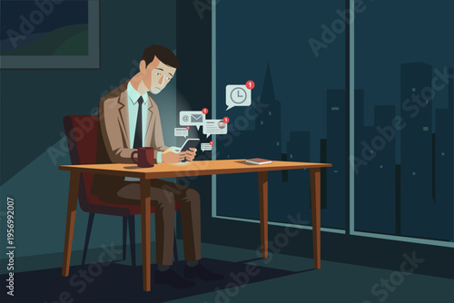 Businessman overwhelmed by digital notifications at work, information overload concept, flat vector illustration