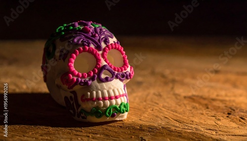 Decorated Sugar Skull on Wooden Surface.