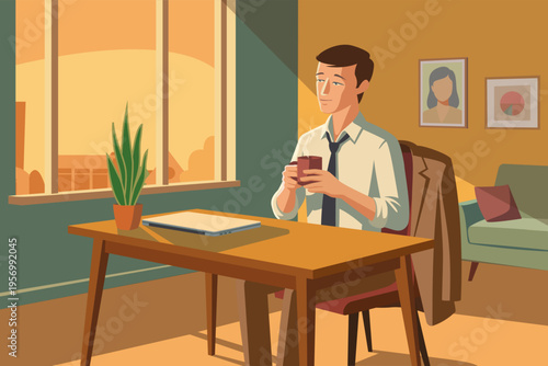 Businessman enjoying work life balance and relaxation at home, healthy lifestyle concept, flat vector illustration