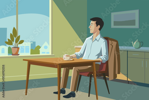 Businessman starting fresh morning with calm mindset, productivity and reset concept, flat vector illustration