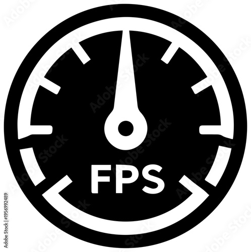 Modern black and white icon representing frames per second fps on a circular gauge with a needle indicating speed or performance symbolizing digital media gaming and video