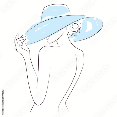 Elegant line art illustration of a woman in a wide-brimmed hat.