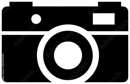 Simple black silhouette icon representing a digital camera with a prominent lens symbolizing photography image editing and creative visual content creation for digital platforms