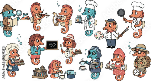 Cute Seahorse Characters Collection Featuring Different Professions and Activities Including Chef Scientist Artist Musician Explorer Teacher and Barista in Cartoon Vector Style for Kids Educational 