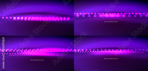 Four purple backgrounds. Each features curved light effect, scattered pink dots. Dark gradients create depth, visual appeal.