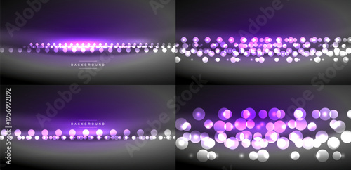 Purple, white lights create abstract backgrounds. Gradient shades offer depth, sparkle, visual appeal. Modern design elements present elegant aesthetic.