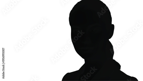 Shadow profile of a female individual with short hair looking slightly to the side, isolated on a bright.