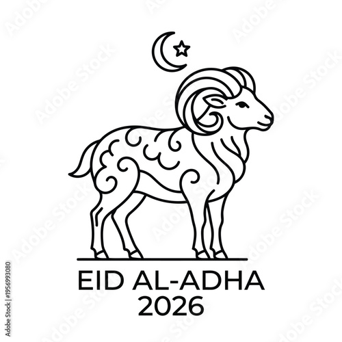Eid aladha 2026 celebration with a ram and crescent moon symbol