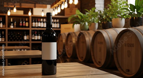 A bottle of wine on a wooden table in a wine cellar