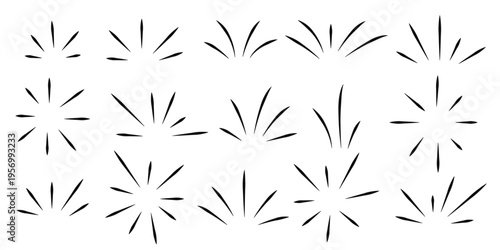 Hand drawn set of rays, flashes, motion. Dynamic design elements, explosion, flying sparks, rays of light. Doodle sketch style, vector graphics