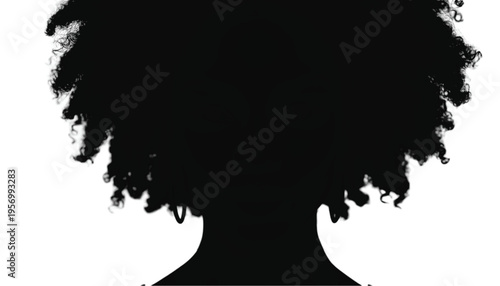 Silhouette of a woman's head featuring voluminous natural afro textured hair shown in profile against a.