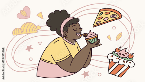 International no diet day concept with happy woman enjoying sweets promoting body positivity self acceptance and freedom from restrictive dieting culture