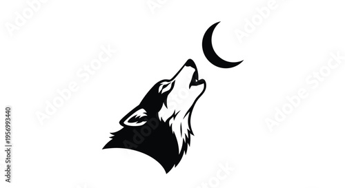 Howling wolf facing a crescent moon a striking black silhouette