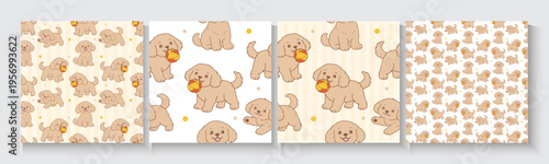 Adorable Cartoonish Puppies Illustration Set Isolated. Dog seamless pattern poster, banner, cards with cute blue brown dogs