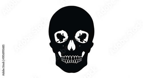 A stark black skull illustration with detailed eye sockets a silhouette