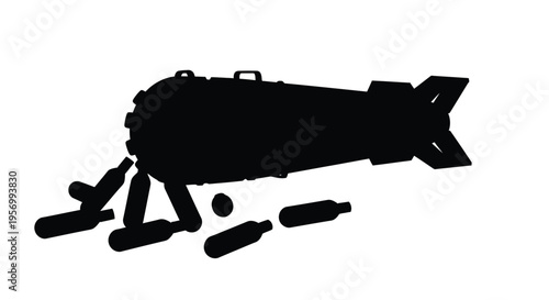 A stark black silhouette of a bomb with surrounding munitions