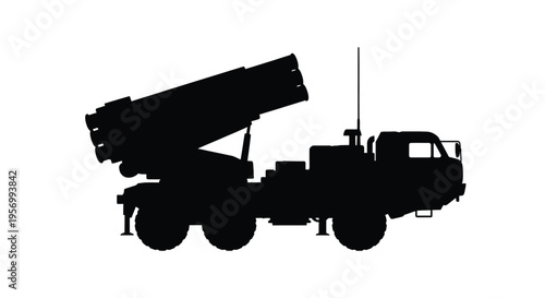 Military vehicle with missile launcher depicted in stark silhouette