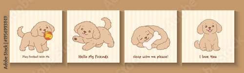 Adorable Cartoonish Puppies Illustration Set Isolated. Dog seamless pattern poster, banner, cards with cute blue brown dogs