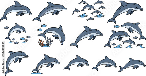 Dolphin Vector Set Showing Jumping Swimming and Playing Marine Mammals with Ocean Waves Fish and Coral Elements in Flat Cartoon Style for Nature Wildlife and Aquarium Designs