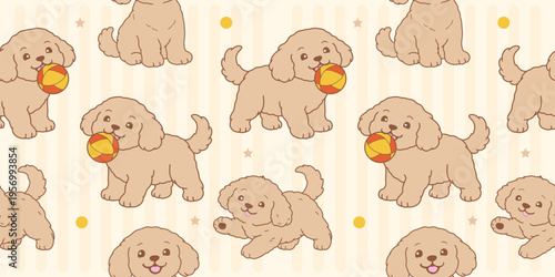 Adorable Cartoonish Puppies Illustration Set Isolated. Dog seamless pattern poster, banner, cards with cute blue brown dogs