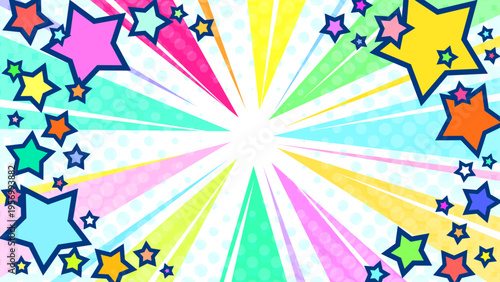 星が飛び出すカラフルでキュートでポップな集中線白背景ベクター素材。16:9のYouTubeサムネ広告用