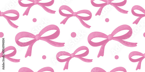 Coquette ribbon bow Watercolor hand painting soft pastel Color. bow ribbon pattern repeating hand drawn seamless Pattern for fashion, tee, t shirt, print, poster, graphic, background.Coquette