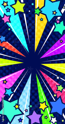 星が飛び出すカラフルで派手で賑やかな集中線ネイビー背景ベクター素材。スマホに最適な縦型