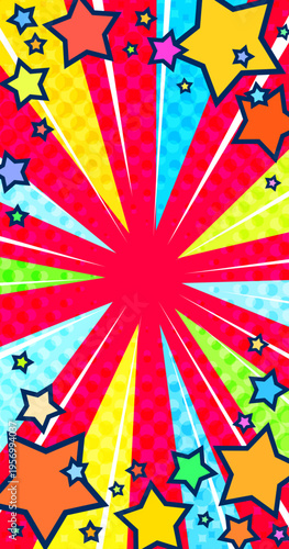 星が飛び出すカラフルで派手で賑やかな集中線赤背景ベクター素材。スマホに最適な縦型