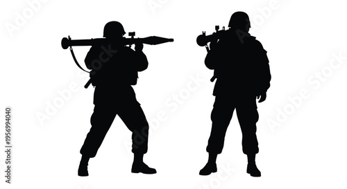 Two soldiers aiming weapons a stark black silhouette