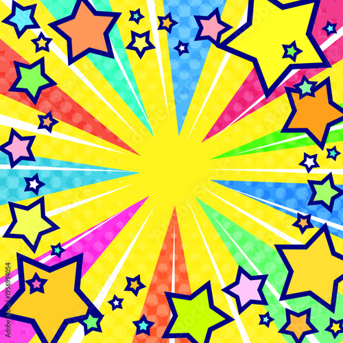星が飛び出すカラフルで派手で賑やかな黄色効果線背景ベクター素材。1:1のスクエア正方形バナー用