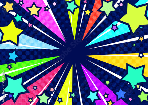 星が飛び出すカラフルで派手で賑やかな集中線紺色背景ベクター素材。ポスター広告用