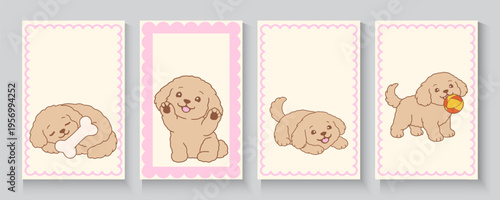 Adorable Cartoonish Puppies Illustration Set Isolated. Dog seamless pattern poster, banner, cards with cute blue brown dogs