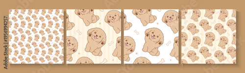 Adorable Cartoonish Puppies Illustration Set Isolated. Dog seamless pattern poster, banner, cards with cute blue brown dogs