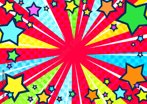 星が飛び出すカラフルで派手で賑やかな集中線赤色背景ベクター素材。ポスター広告用