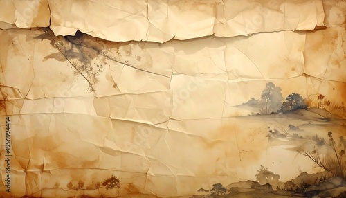 Ancient Parchment Texture with Faint Landscape Illustration.