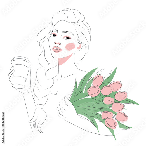 Woman with tulip bouquet and coffee cup line art illustration.